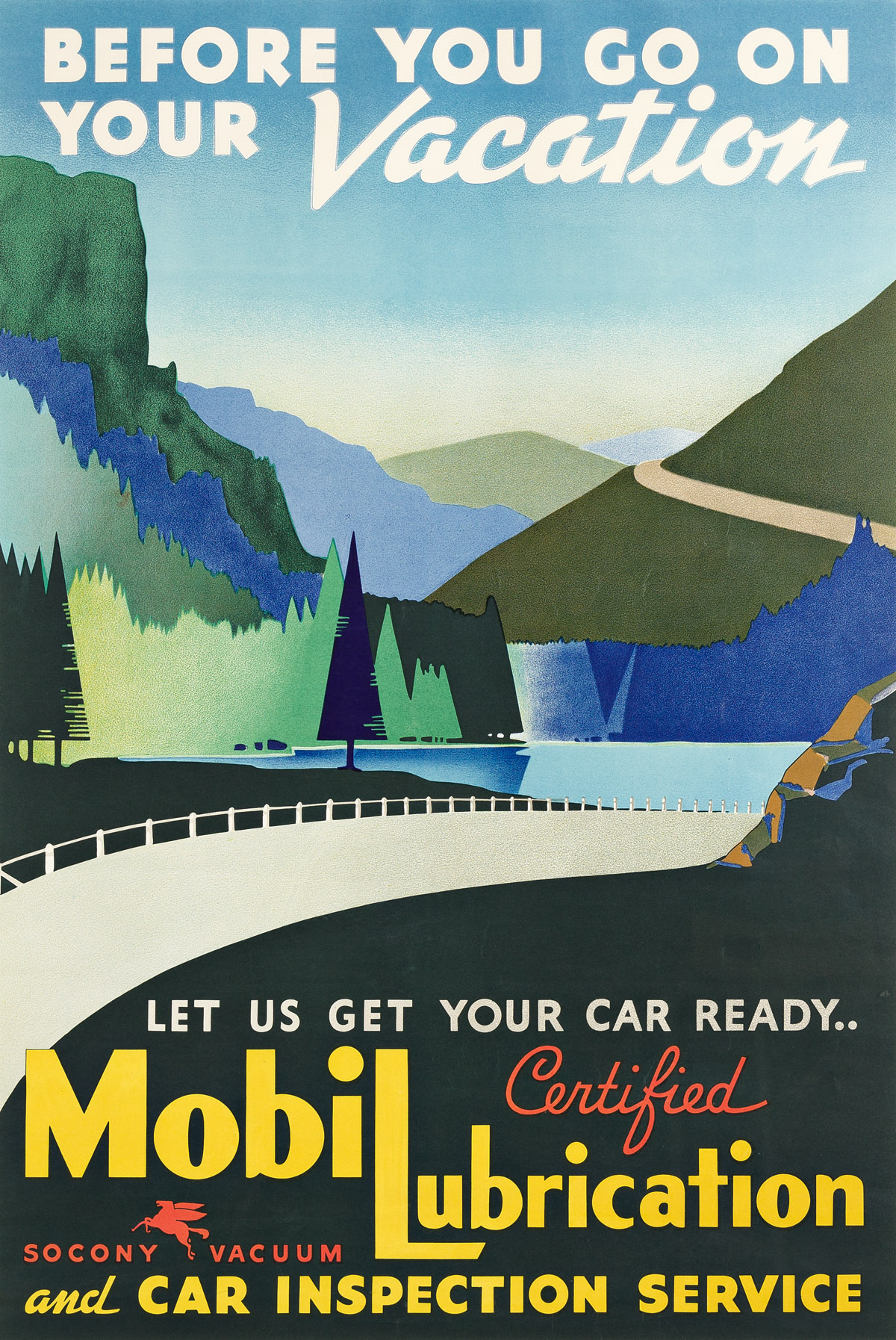 DESIGNER UNKNOWN.  BEFORE YOU GO ON VACATION / MOBILUBRICATION. Circa 1940s. 39x26¼ inches, 99x66¾ cm. Sweeney Litho Co., Inc., Bellevi